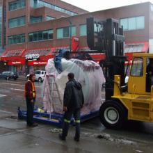 MRI machine waiting to be loaded into Medical Clinic, on Broadway.